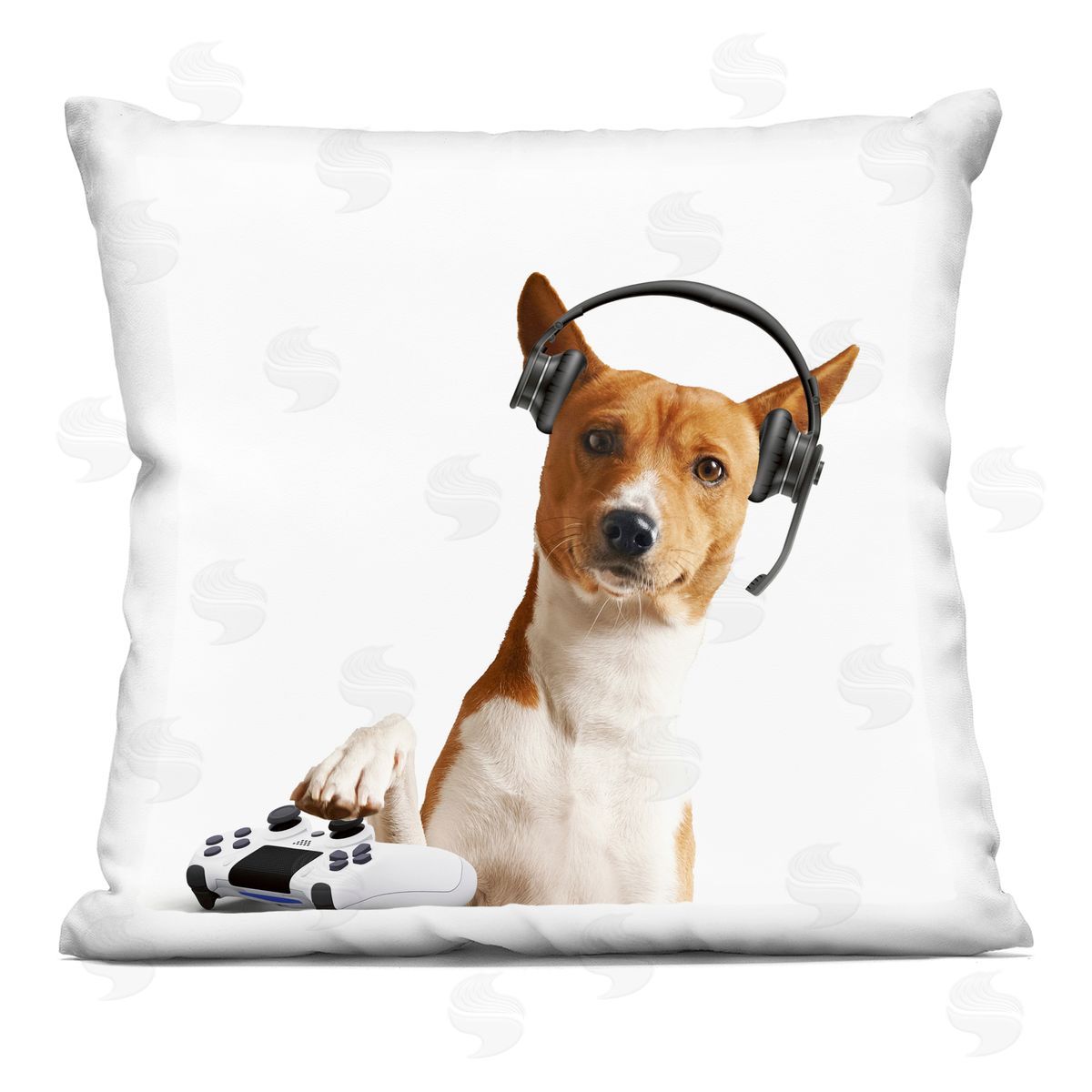 CAD Designs Gaming Dog with Headset Printed Plush Polyester Throw Pillow