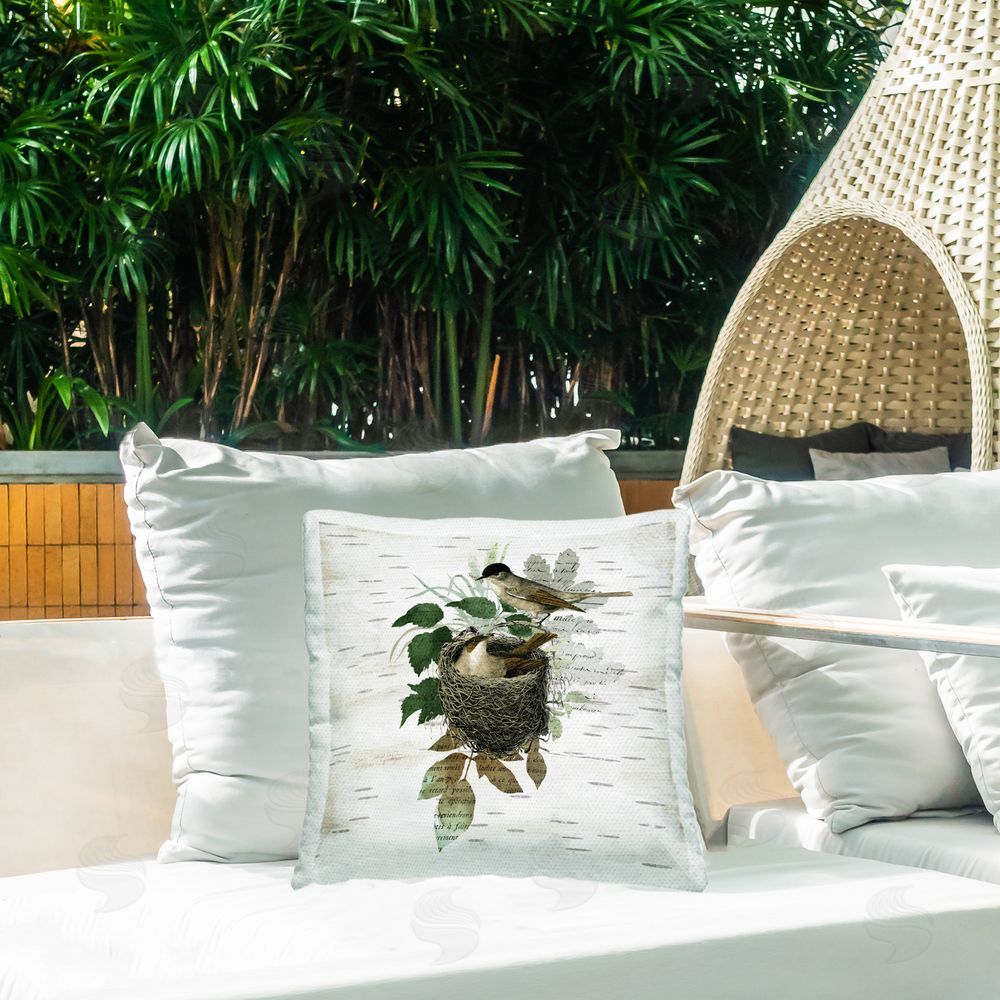 Susan Arnot Birds in Vintage Nest Outdoor Quick-Dry Polyester Printed Throw Pillow in Back Yard