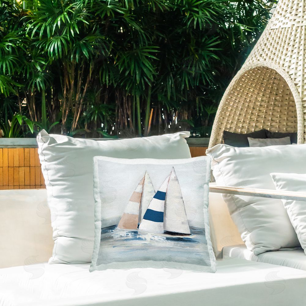 Sally Swatland Striped Sailboat Duo Outdoor Quick-Dry Polyester Printed Throw Pillow in Back Yard
