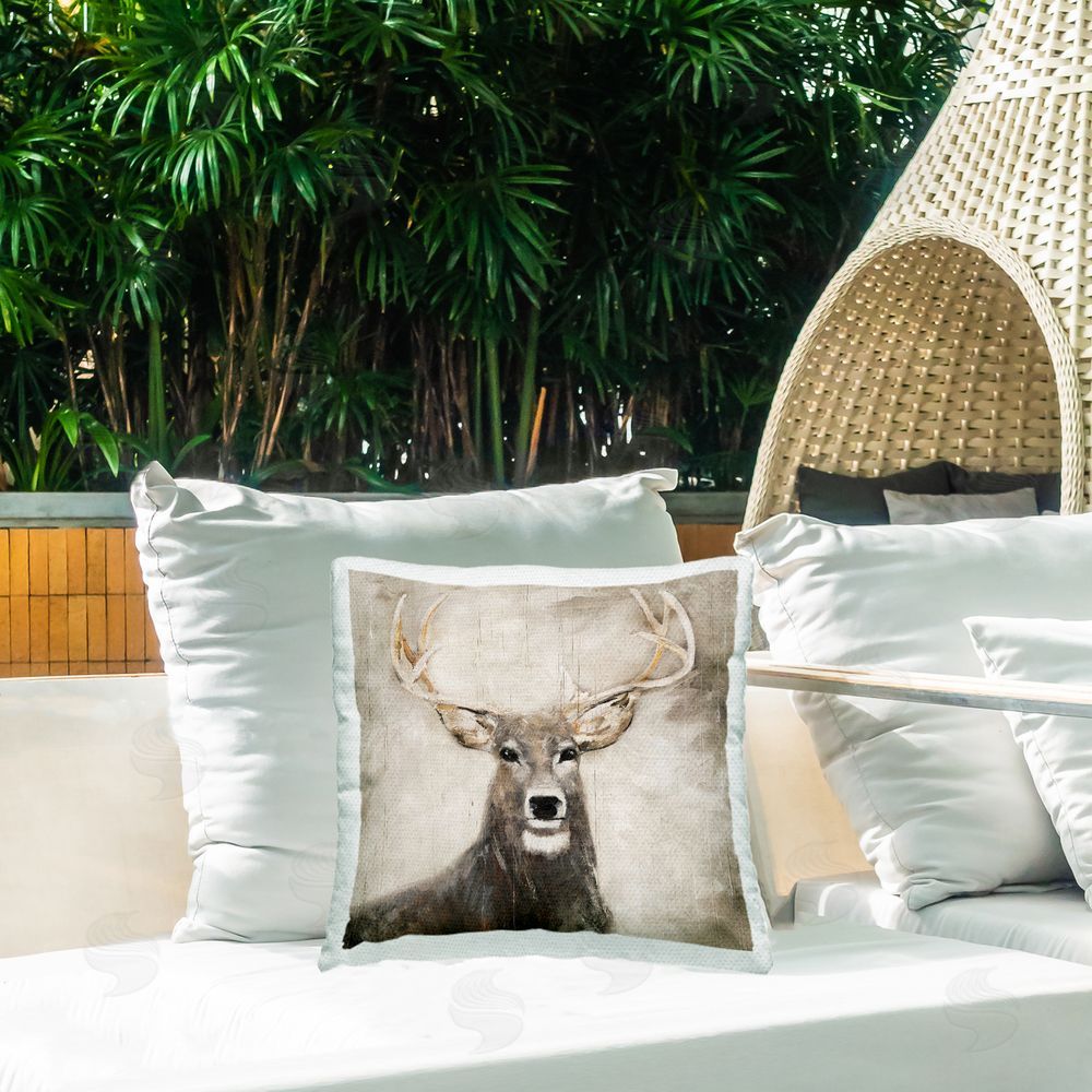 Sally Swatland Gazing Deer in Neutrals Outdoor Quick-Dry Polyester Printed Throw Pillow in Back Yard