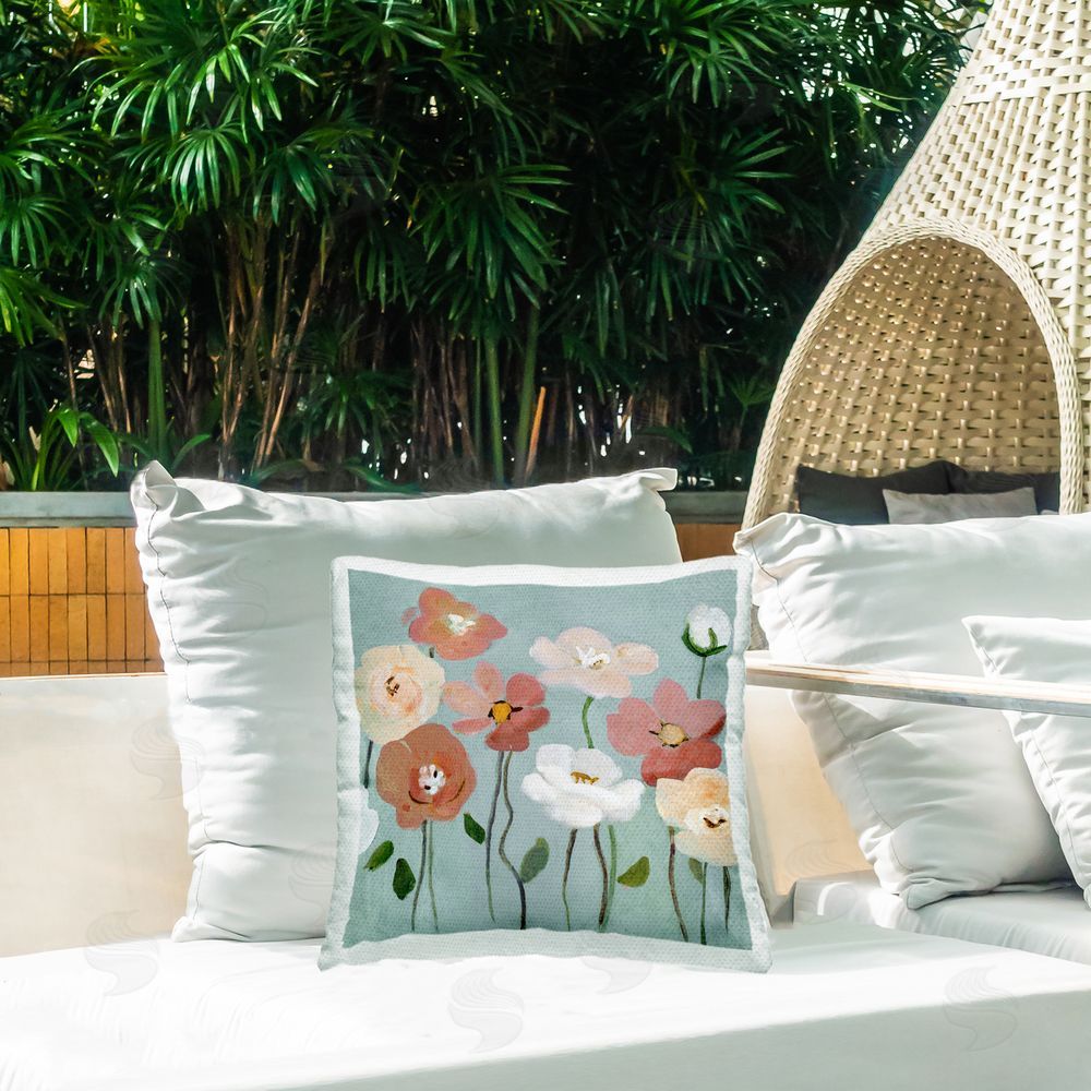 Charity Henderson Boho Blooms on Blue Outdoor Quick-Dry Polyester Printed Throw Pillow in Back Yard