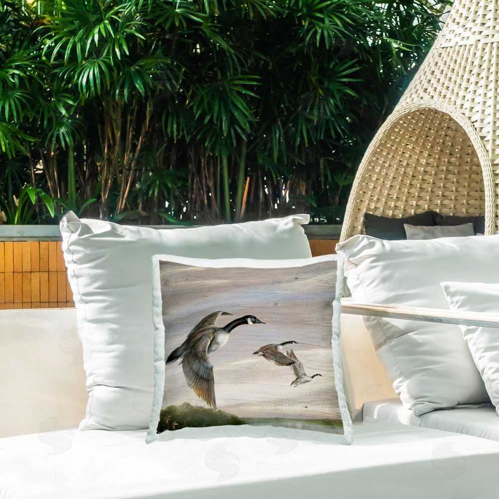 Ruane Manning Flying Geese over Rustic Outdoor Quick-Dry Polyester Printed Throw Pillow in Back Yard