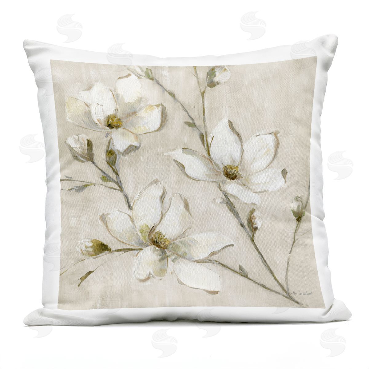 Sally Swatland Neutral Dogwood Branches Outdoor Quick-Dry Polyester Printed Throw Pillow