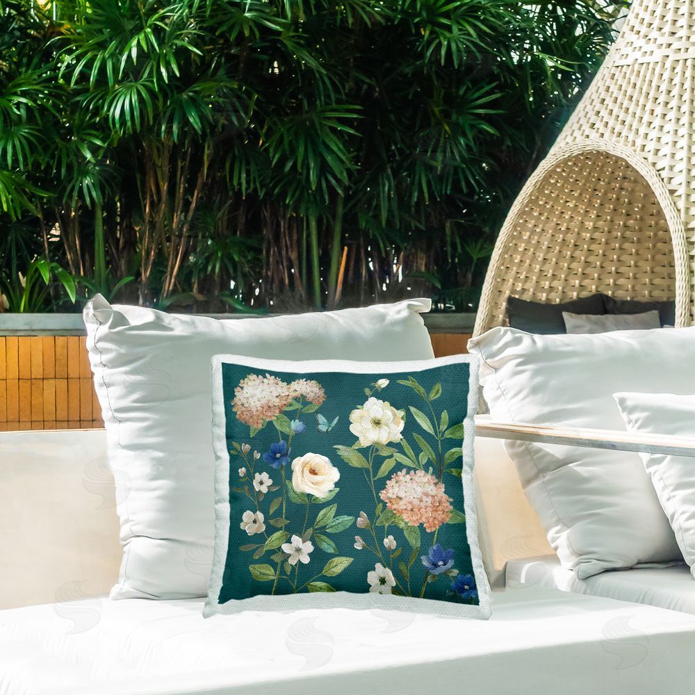 Nan Bright Garden Blooms on Green Outdoor Quick-Dry Polyester Printed Throw Pillow in Back Yard