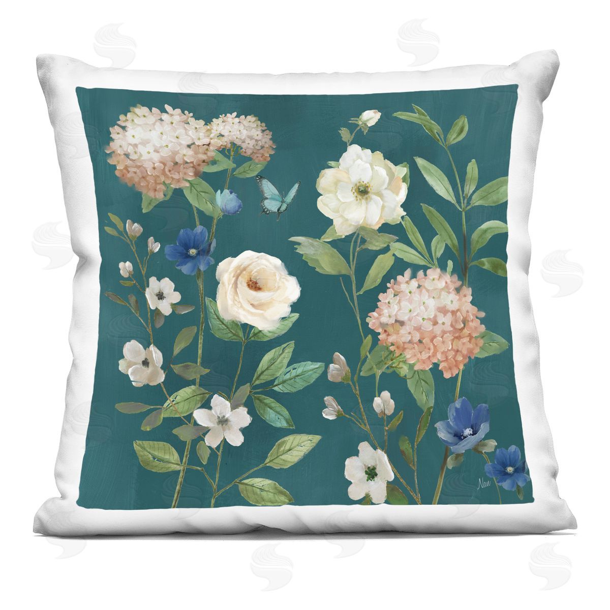 Nan Bright Garden Blooms on Green Printed Plush Polyester Throw Pillow