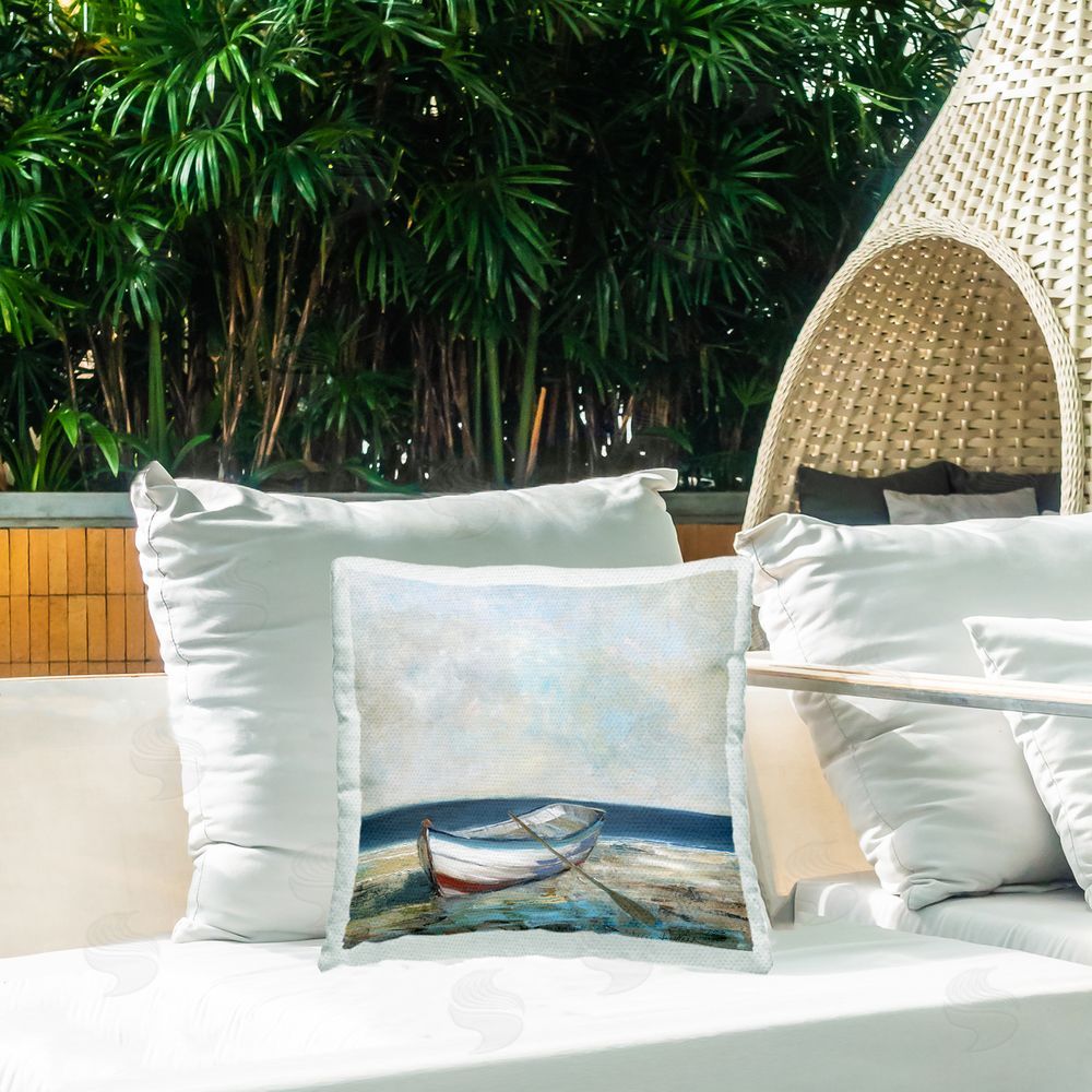 Sally Swatland Boat & Oar on Shore Outdoor Quick-Dry Polyester Printed Throw Pillow in Back Yard