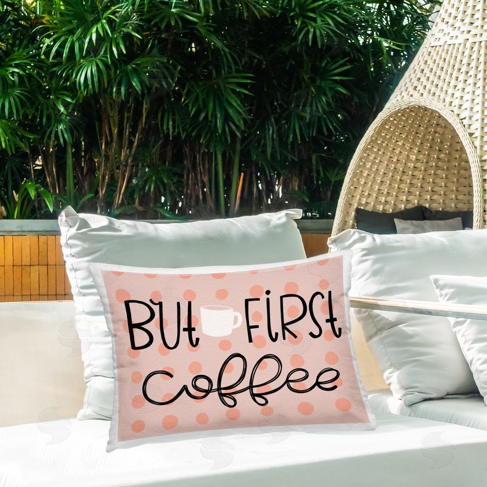 Mandy Ford Art + Illustration But First Coffee Polka Dots Outdoor Quick-Dry Polyester Printed Throw Pillow in Back Yard