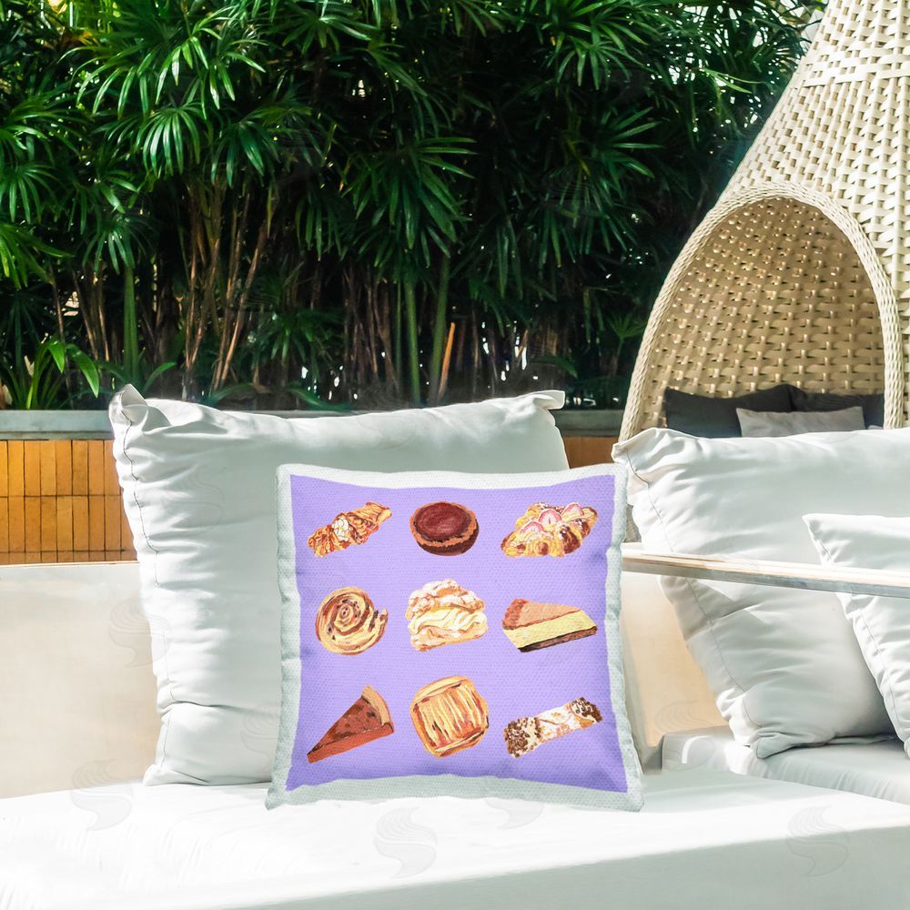 Melissa Wang Delicious Pastries on Purple Outdoor Quick-Dry Polyester Printed Throw Pillow in Back Yard