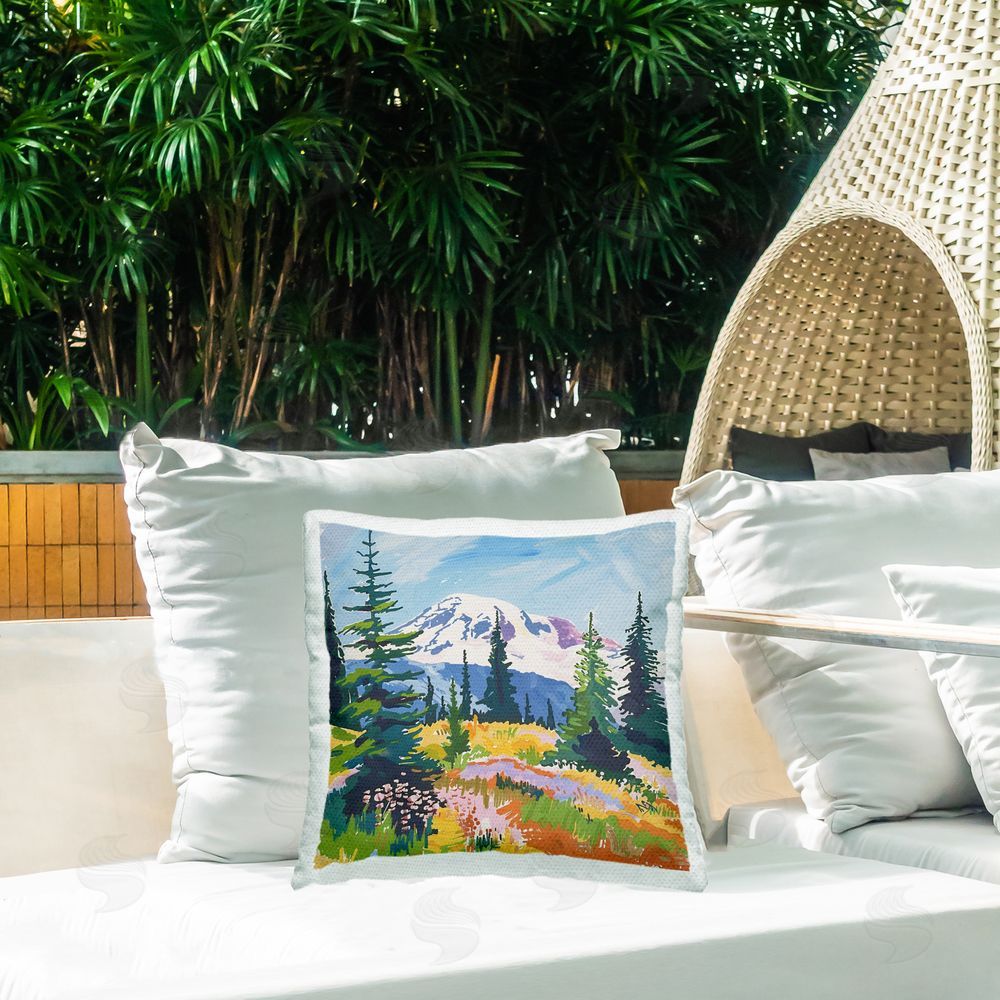 Walker Noble Peaceful Mountain Valley Scenery Outdoor Quick-Dry Polyester Printed Throw Pillow in Back Yard