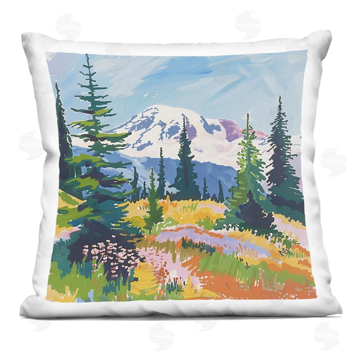 Walker Noble Peaceful Mountain Valley Scenery Printed Plush Polyester Throw Pillow