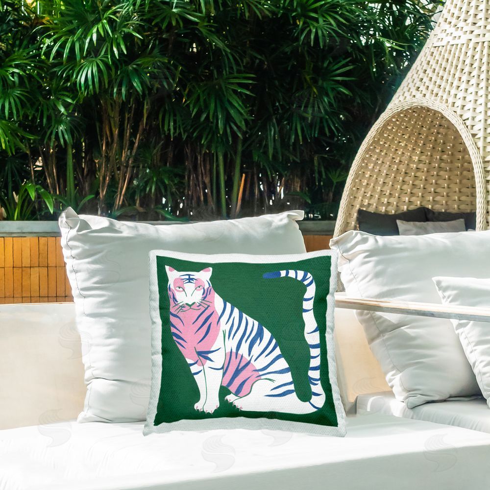 Melissa Wang Fierce Modern Tiger Outdoor Quick-Dry Polyester Printed Throw Pillow in Back Yard