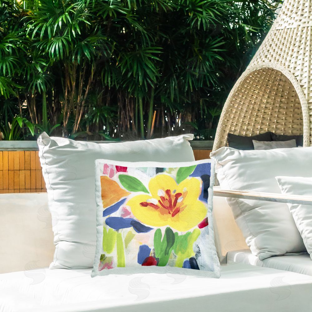 June Erica Vess Bright Yellow Buttercup Blooms Outdoor Quick-Dry Polyester Printed Throw Pillow in Back Yard