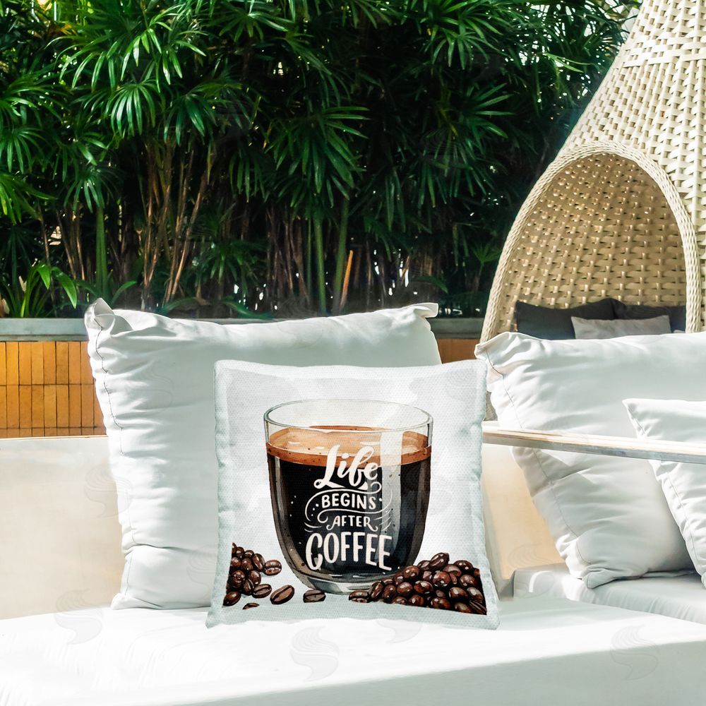 Kim Allen Life Begins After Coffee Outdoor Quick-Dry Polyester Printed Throw Pillow in Back Yard