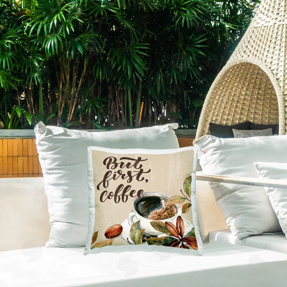 Kim Allen Rustic But First Coffee Outdoor Quick-Dry Polyester Printed Throw Pillow in Back Yard
