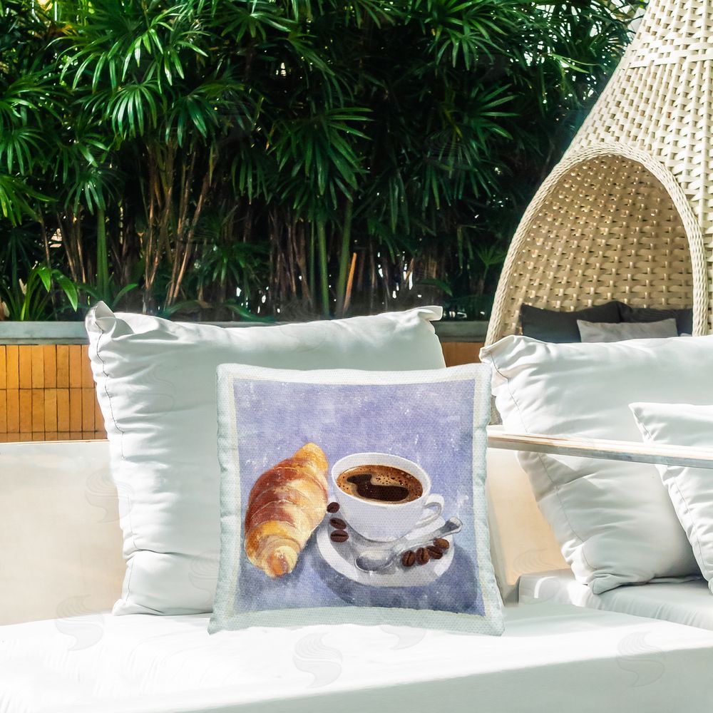 James Rodewald Morning Coffee & Croissant Outdoor Quick-Dry Polyester Printed Throw Pillow in Back Yard