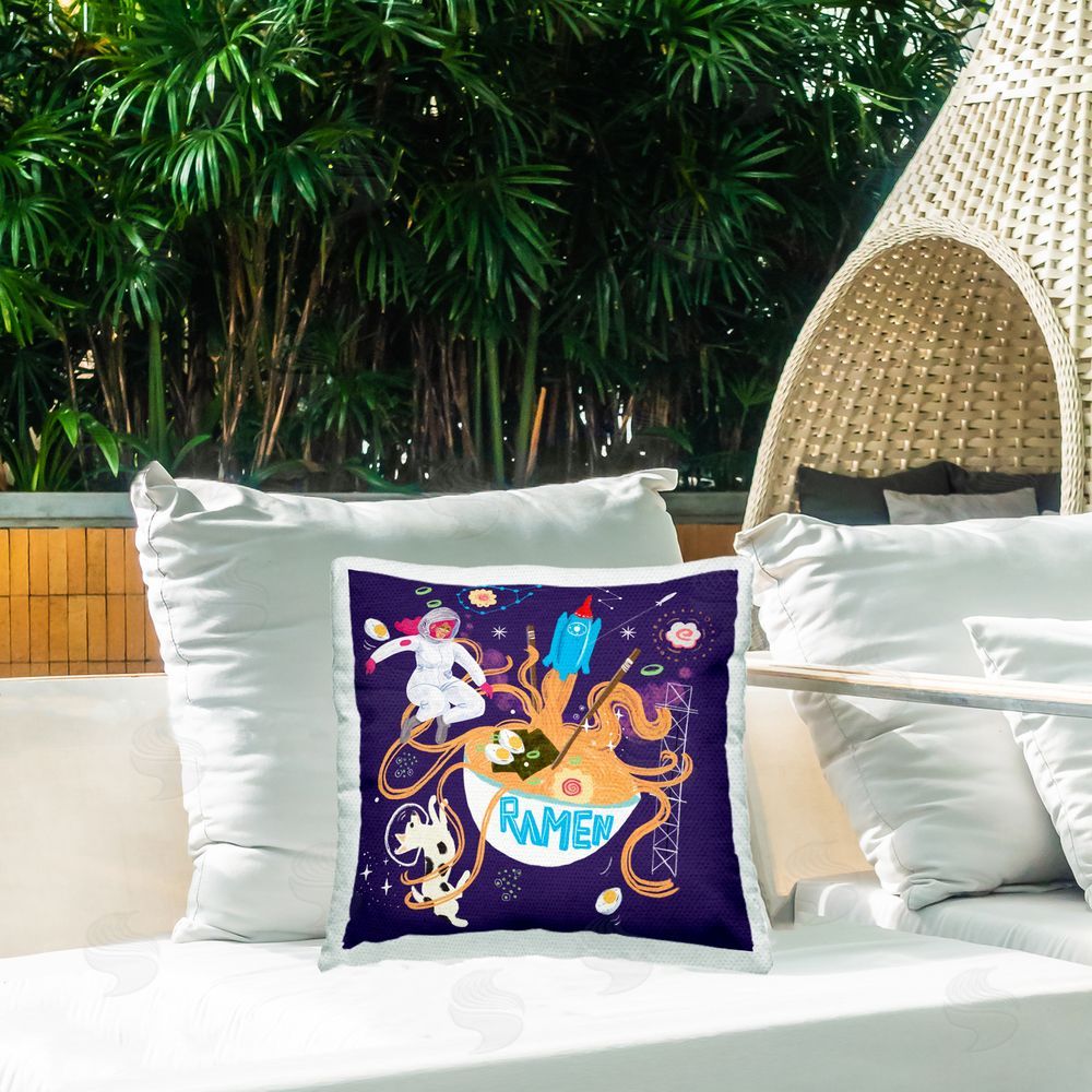 Juliet Rose Philips Whimsical Ramen in Space Outdoor Quick-Dry Polyester Printed Throw Pillow in Back Yard