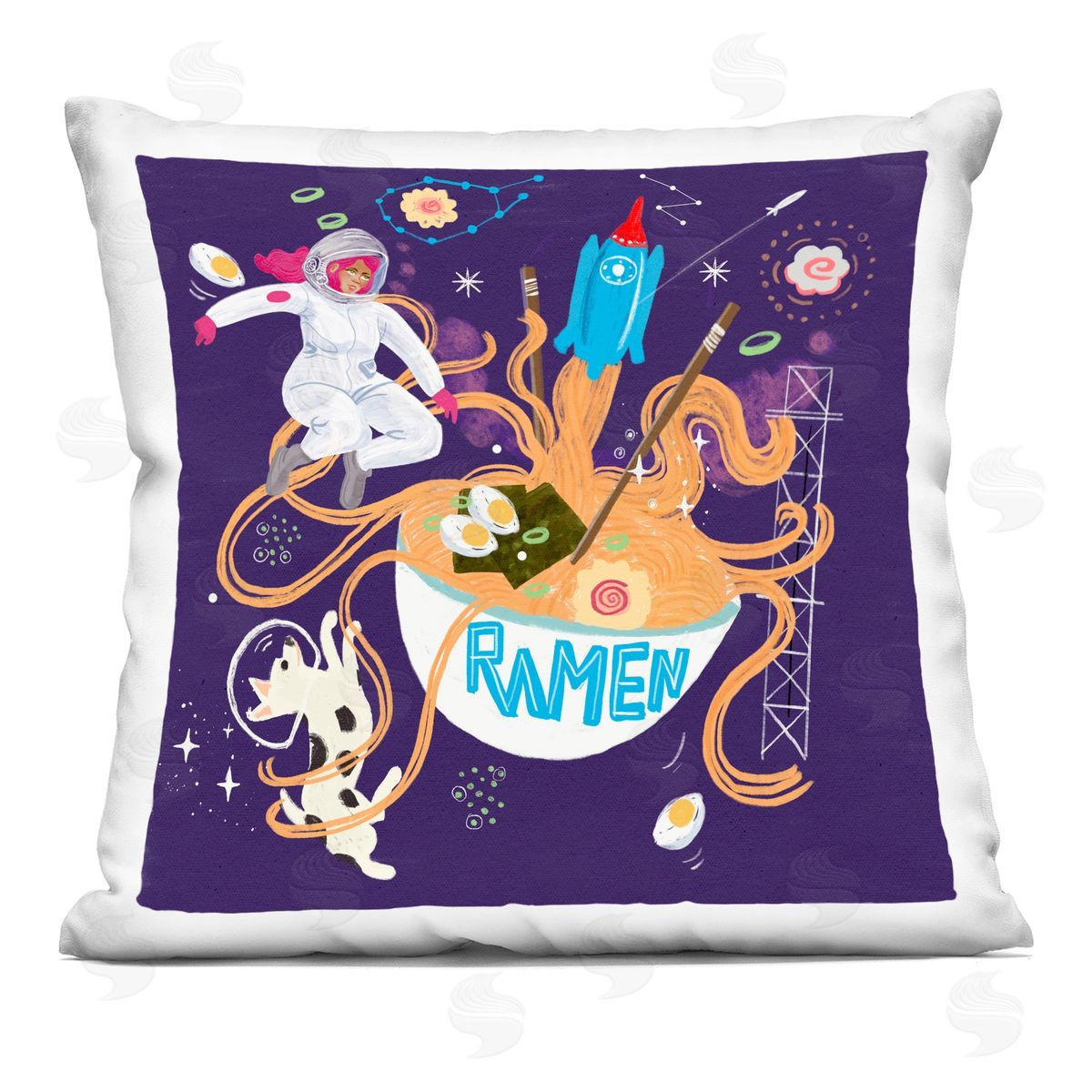 Juliet Rose Philips Whimsical Ramen in Space Printed Plush Polyester Throw Pillow