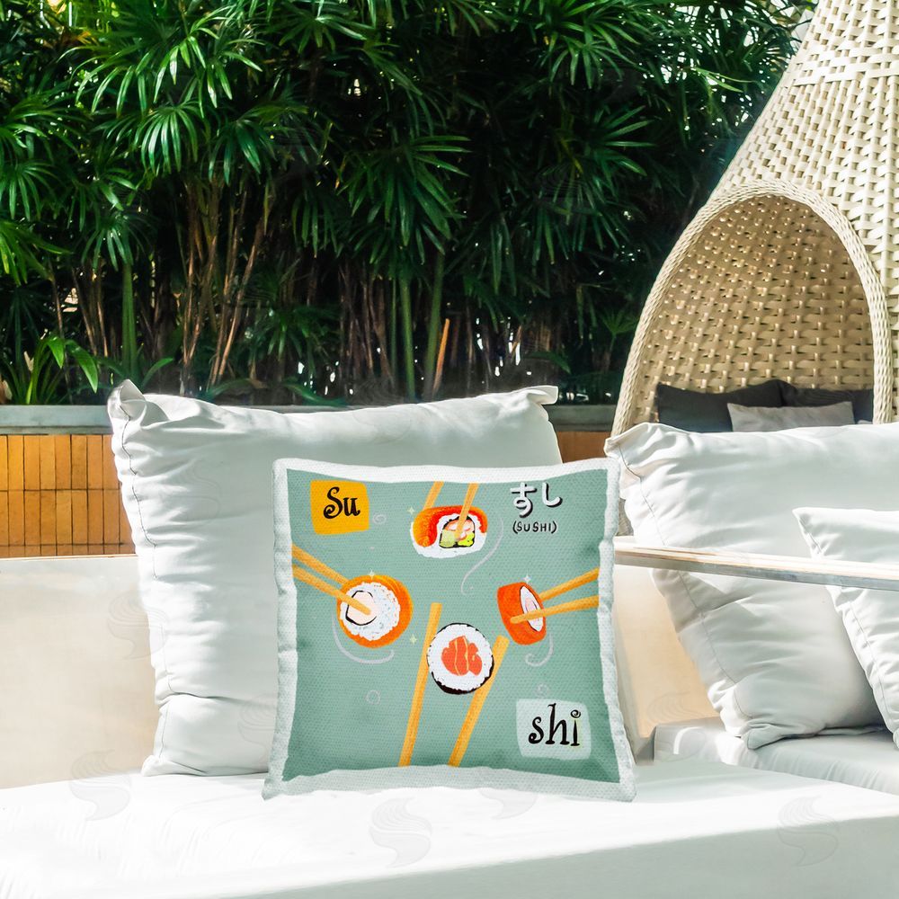 James Rodewald Tasty Sushi Party Gathering Outdoor Quick-Dry Polyester Printed Throw Pillow in Back Yard