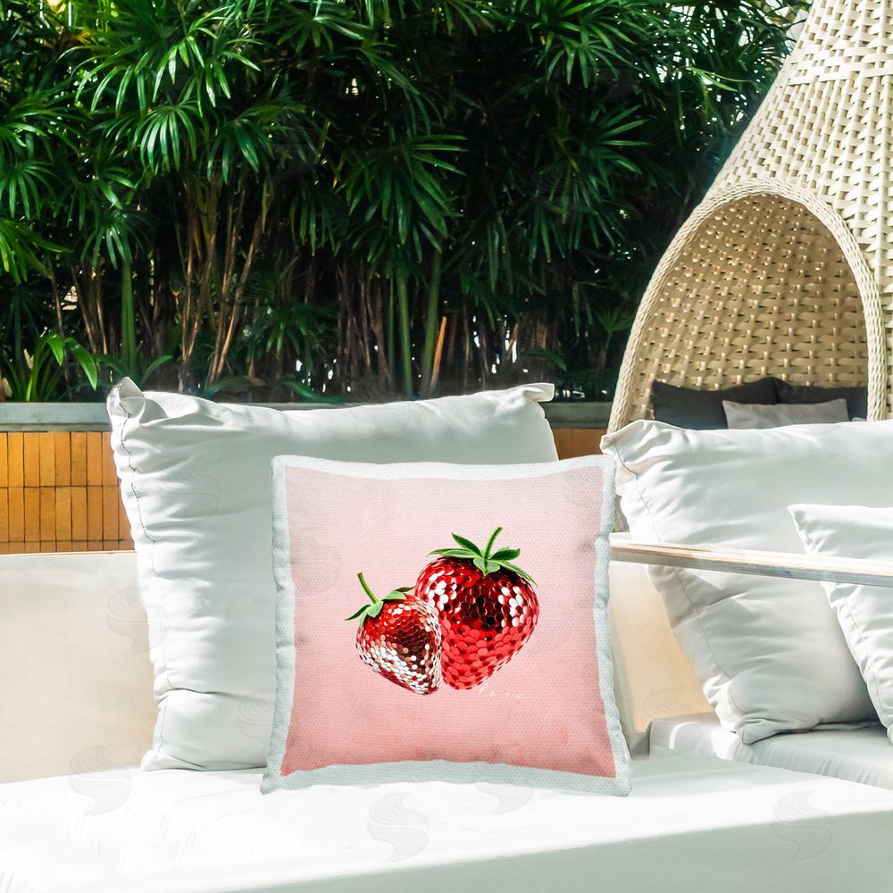 Kim Allen Disco Sequin Strawberries Outdoor Quick-Dry Polyester Printed Throw Pillow in Back Yard