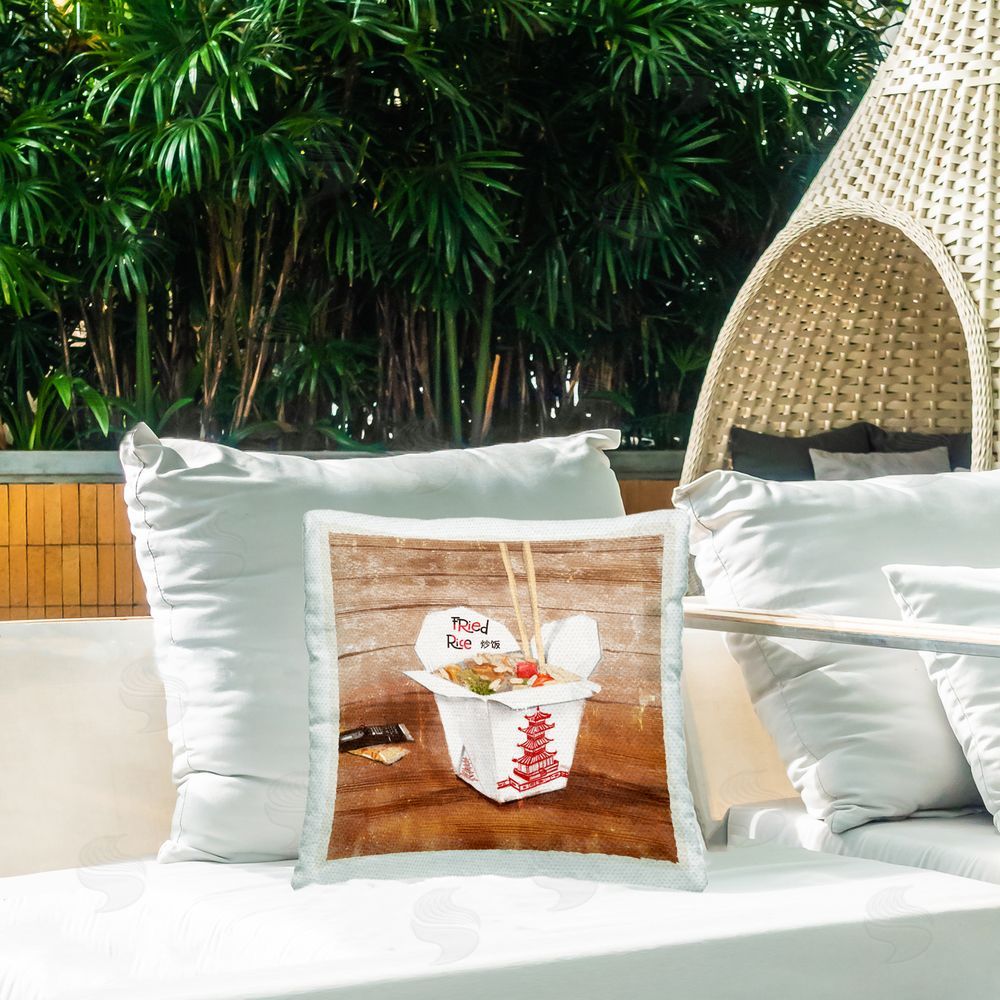 James Rodewald Fried Rice Takeout Box Outdoor Quick-Dry Polyester Printed Throw Pillow in Back Yard