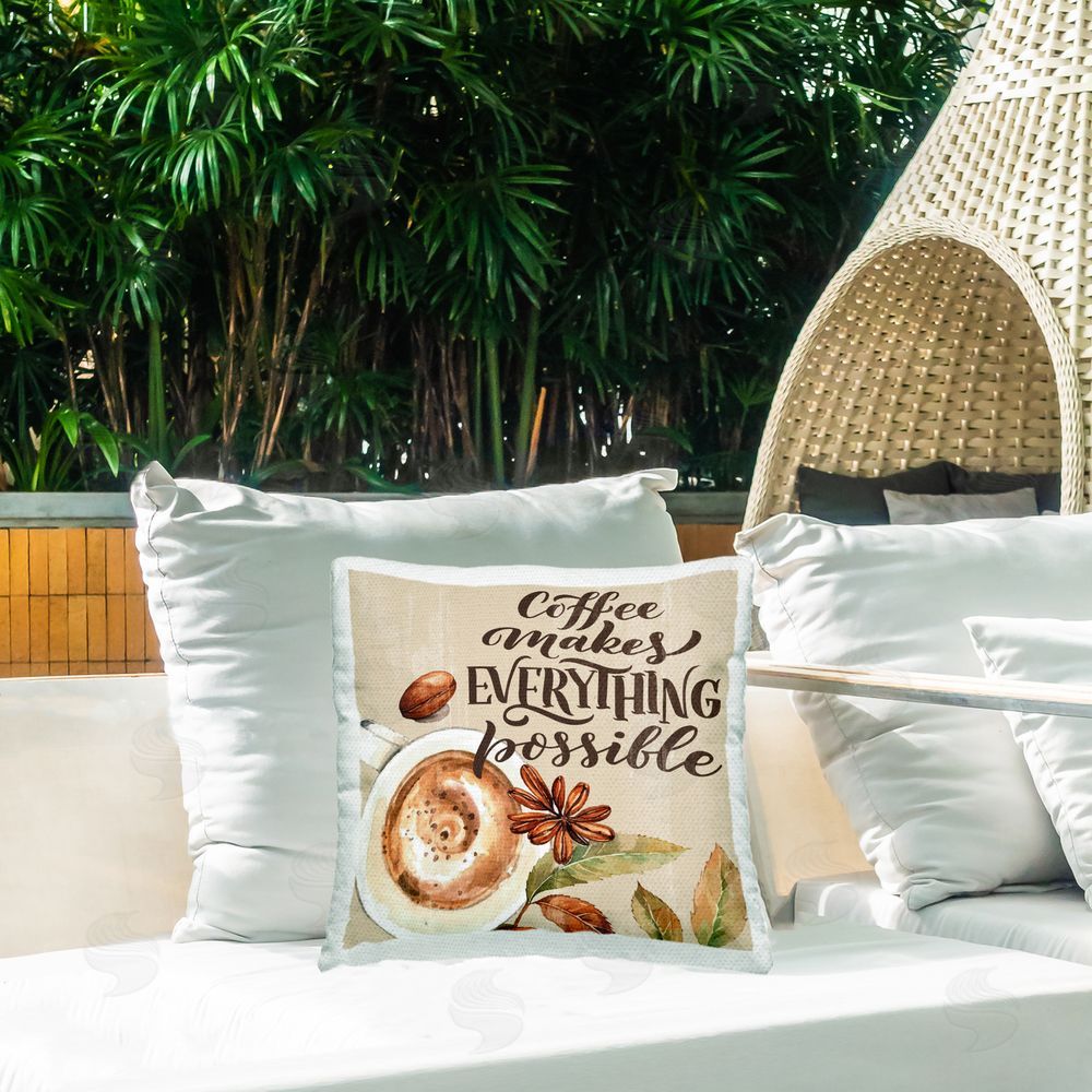 Kim Allen Rustic Coffee Makes Possible Outdoor Quick-Dry Polyester Printed Throw Pillow in Back Yard