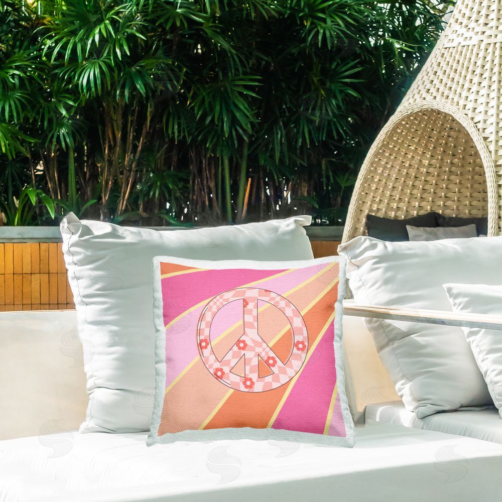 Jesse Keith Beaming Floral Peace Symbol Outdoor Quick-Dry Polyester Printed Throw Pillow in Back Yard
