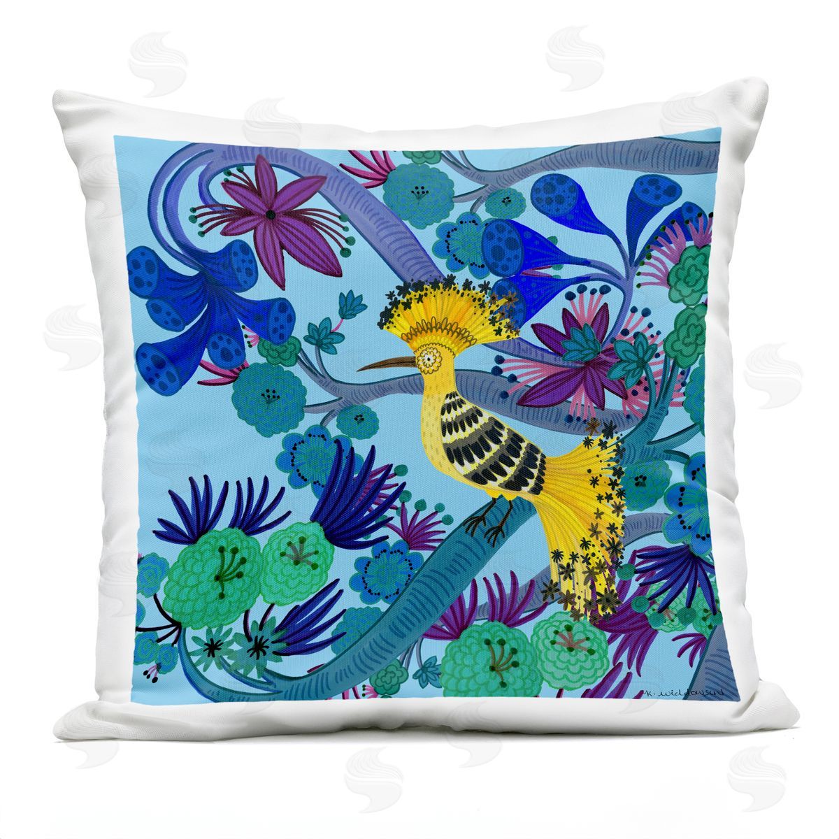 Kay Widdowson Whimsical Yellow Bird & Flowers Outdoor Quick-Dry Polyester Printed Throw Pillow