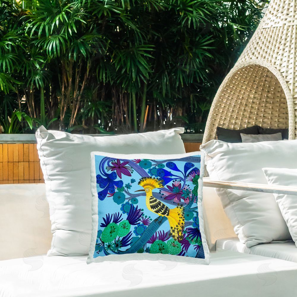 Kay Widdowson Whimsical Yellow Bird & Flowers Outdoor Quick-Dry Polyester Printed Throw Pillow in Back Yard