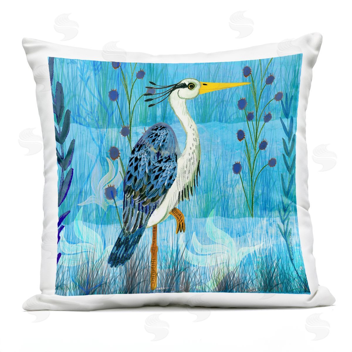 Kay Widdowson Standing Crane with Blue Tones Outdoor Quick-Dry Polyester Printed Throw Pillow