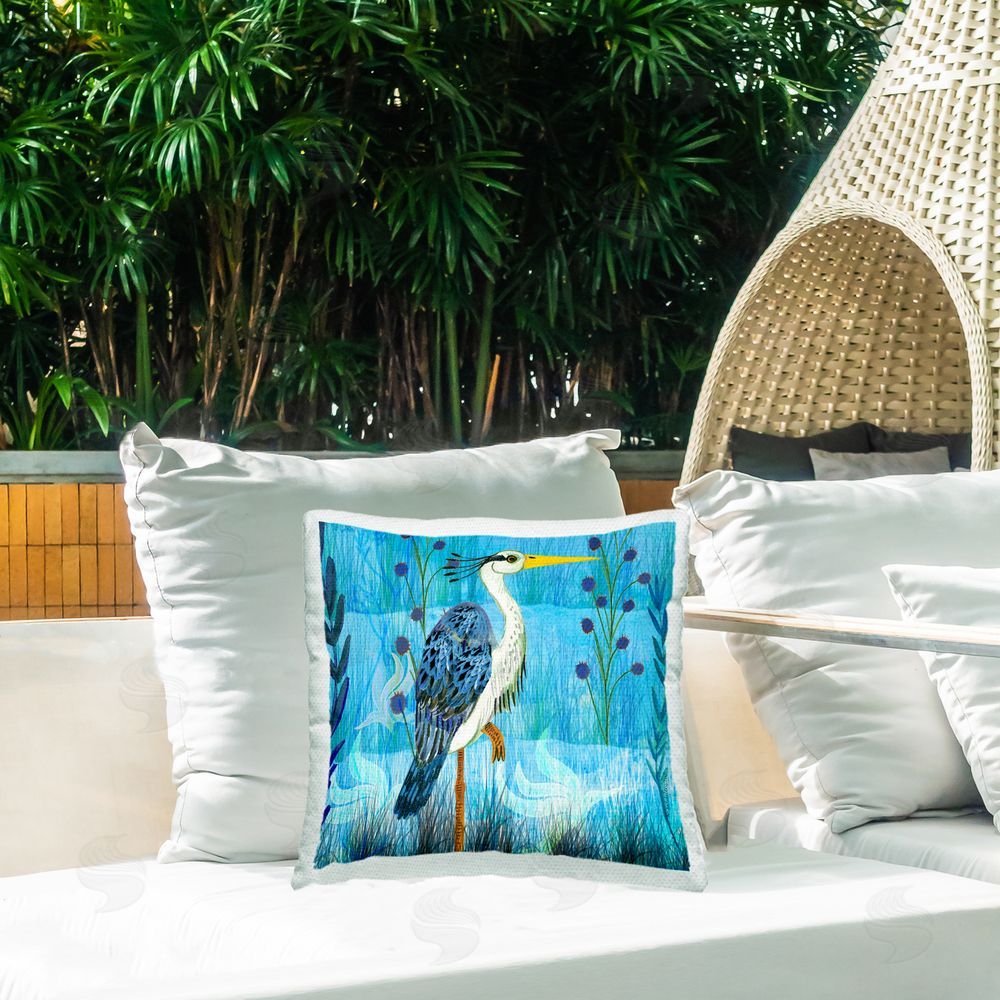 Kay Widdowson Standing Crane with Blue Tones Outdoor Quick-Dry Polyester Printed Throw Pillow in Back Yard