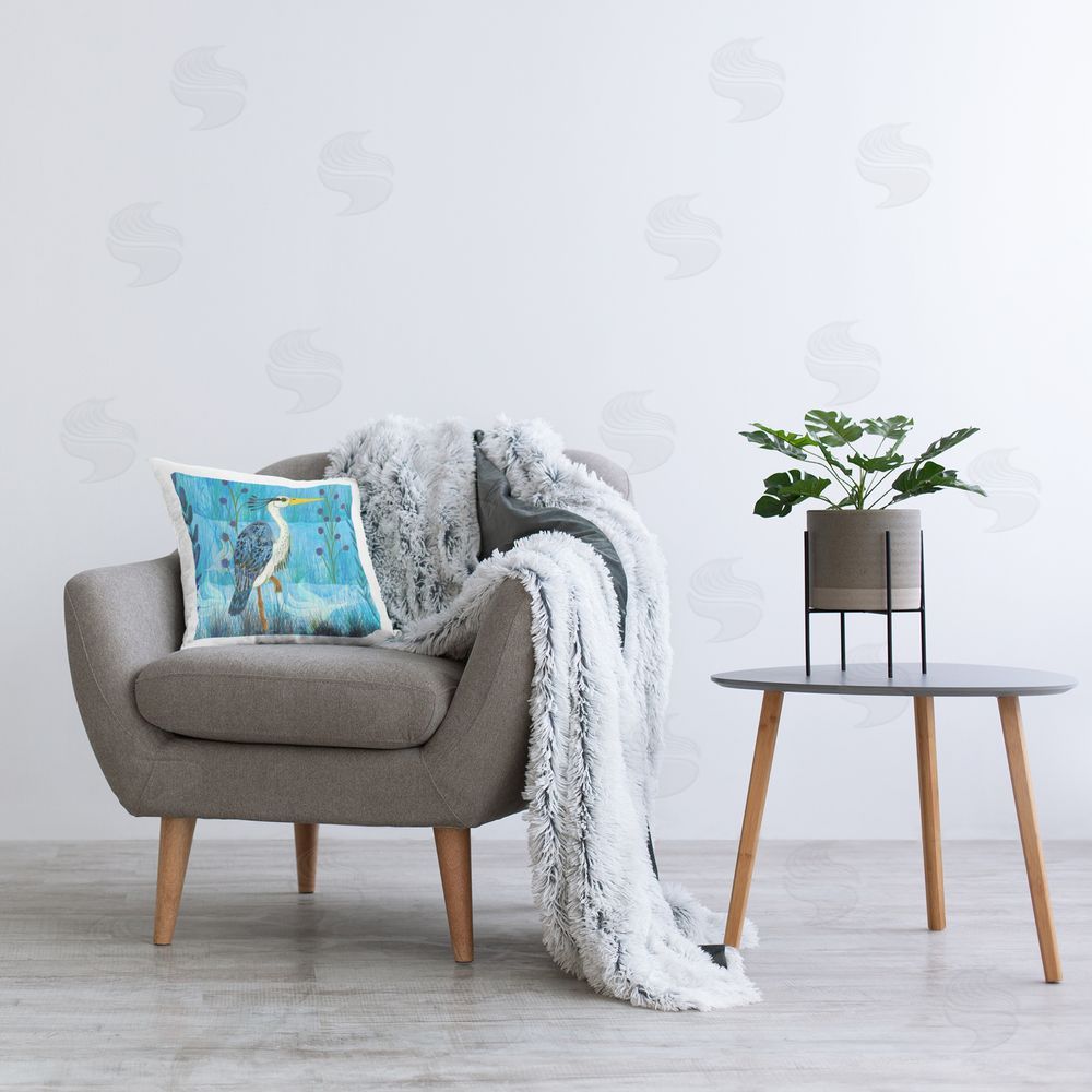Kay Widdowson Standing Crane with Blue Tones Printed Plush Polyester Throw Pillow On Chair