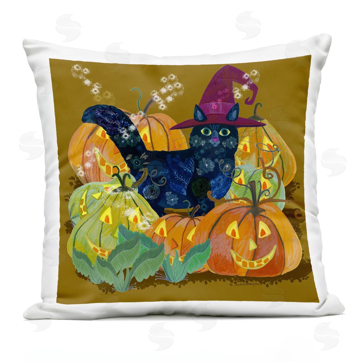 Kay Widdowson Cat with Jack-o-Lanterns Outdoor Quick-Dry Polyester Printed Throw Pillow