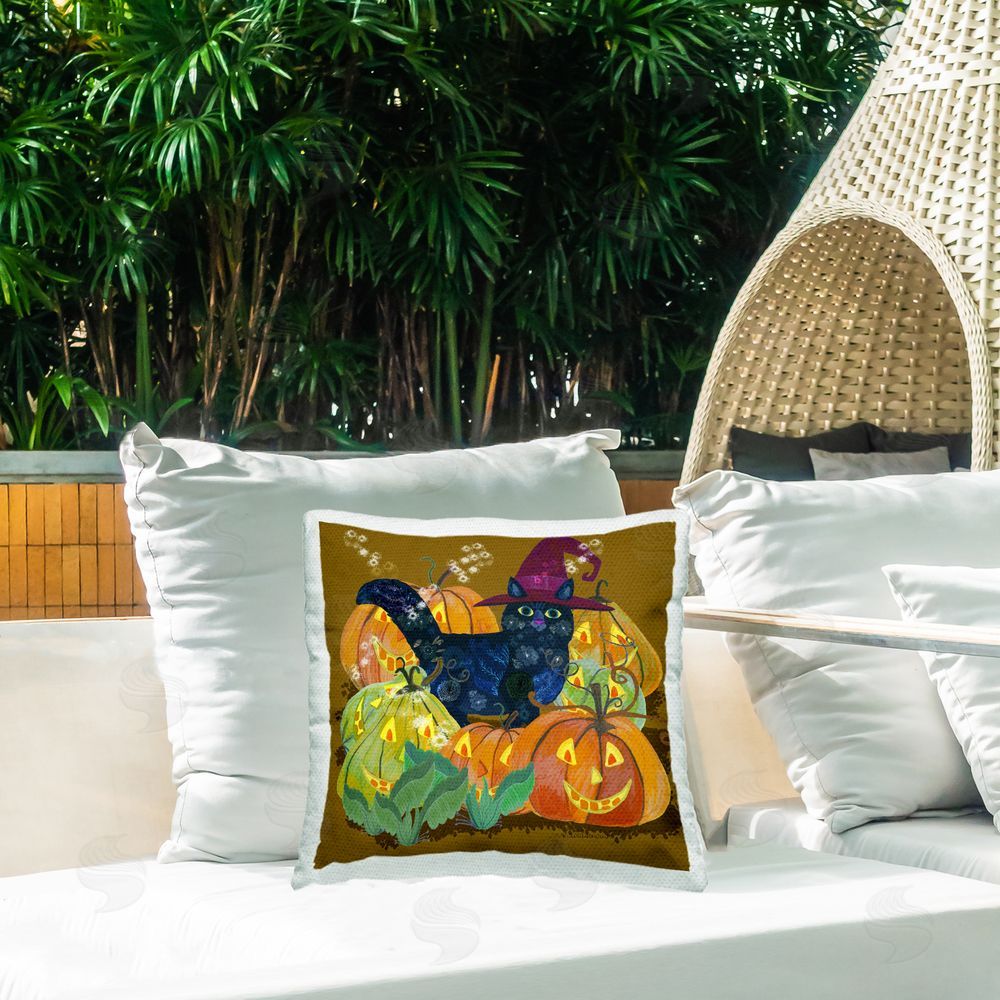 Kay Widdowson Cat with Jack-o-Lanterns Outdoor Quick-Dry Polyester Printed Throw Pillow in Back Yard