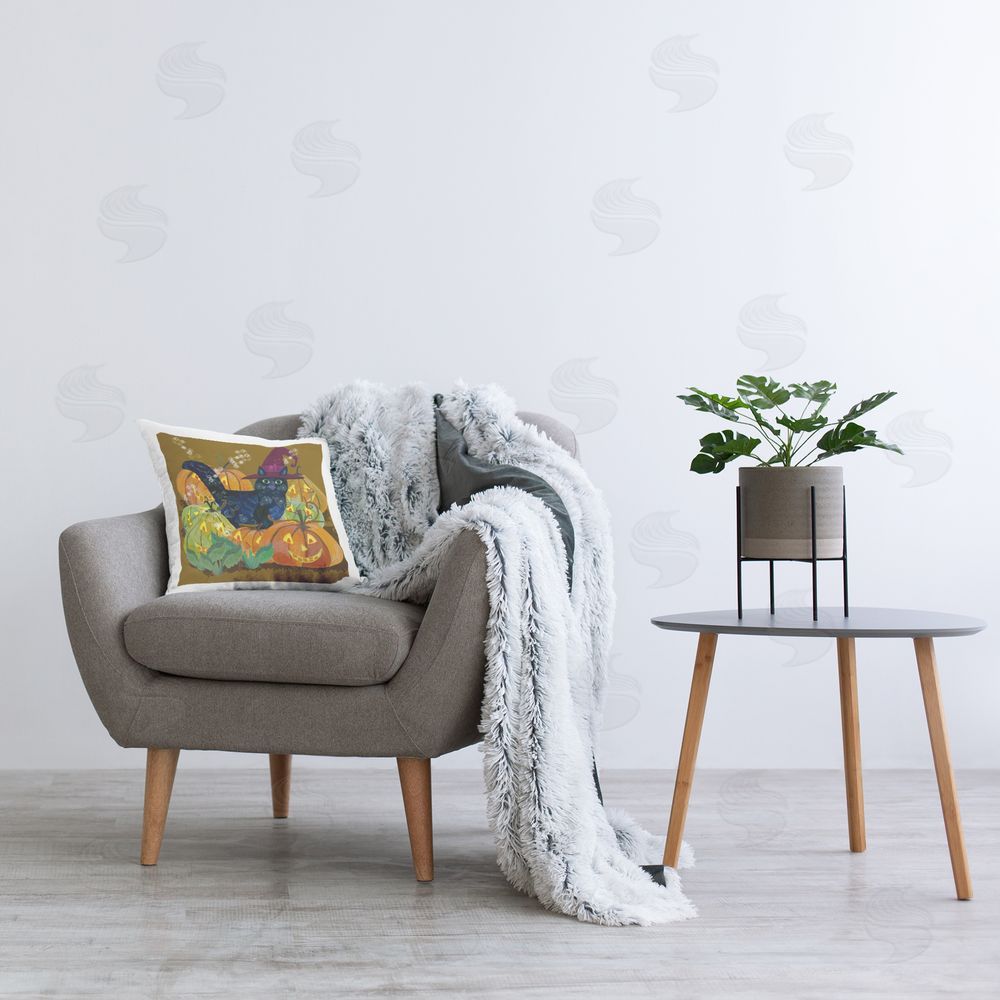 Kay Widdowson Cat with Jack-o-Lanterns Printed Plush Polyester Throw Pillow On Chair