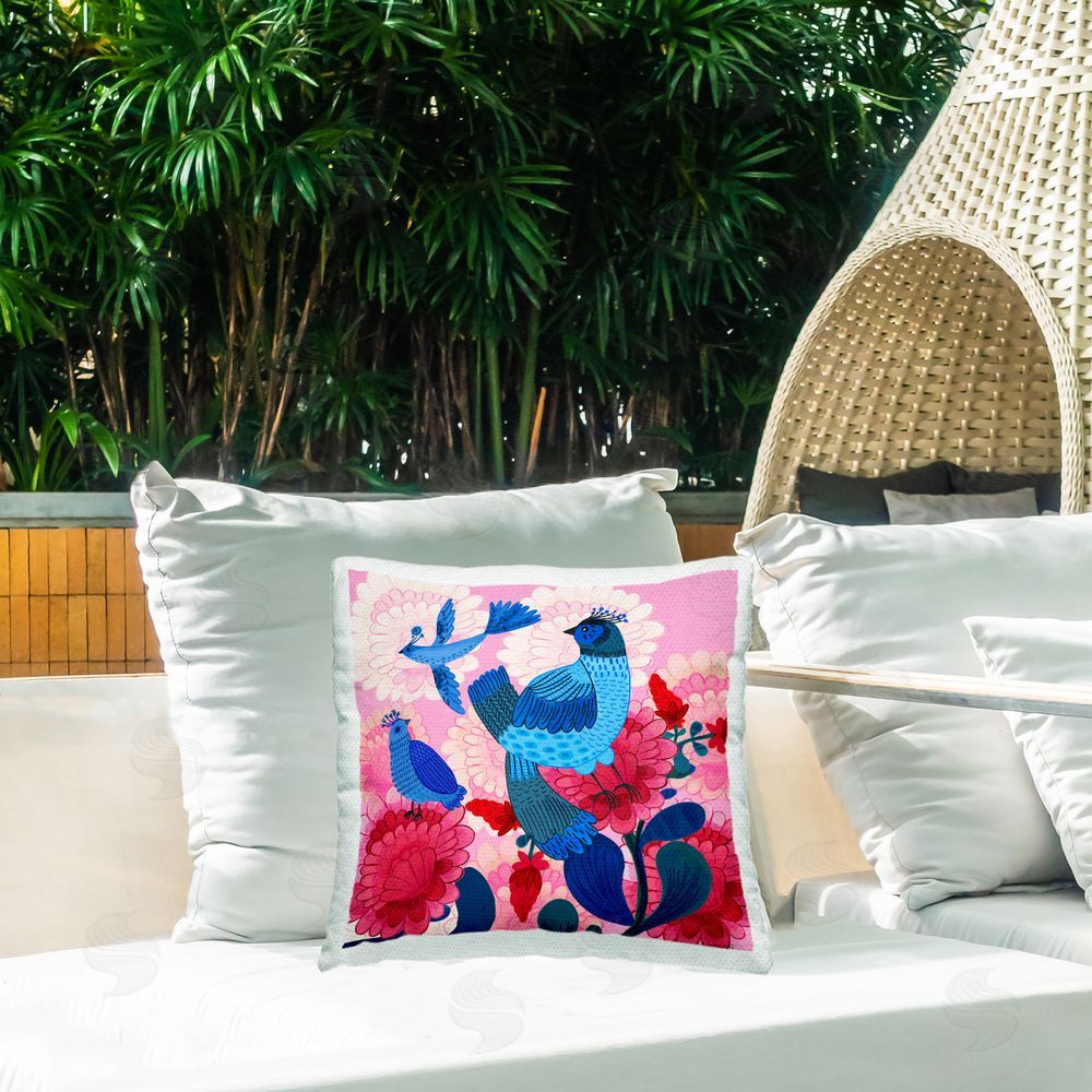 Kay Widdowson Folk Birds on Dahlias Outdoor Quick-Dry Polyester Printed Throw Pillow in Back Yard