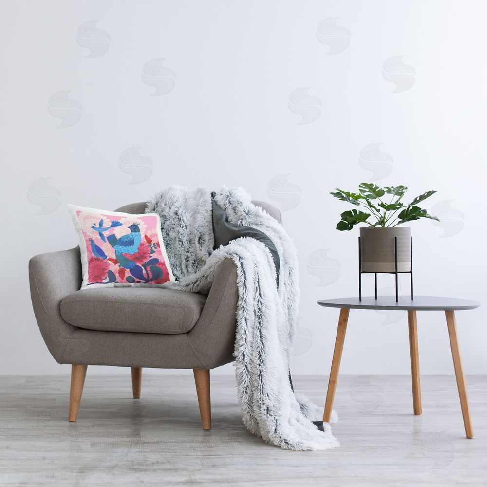 Kay Widdowson Folk Birds on Dahlias Printed Plush Polyester Throw Pillow On Chair