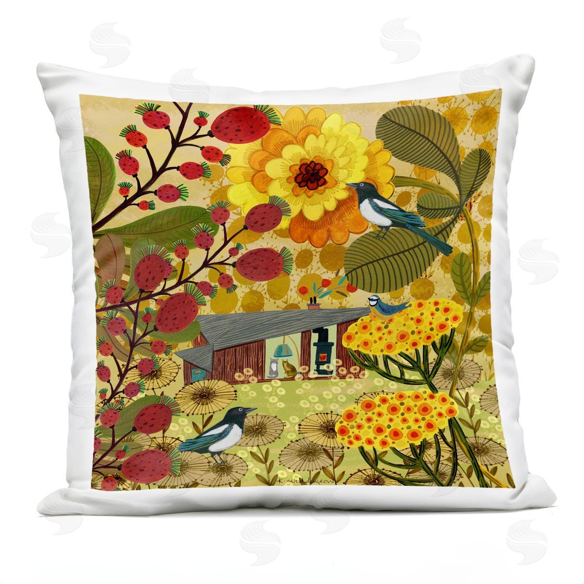 Kay Widdowson Warm Autumnal Cottage Outdoor Quick-Dry Polyester Printed Throw Pillow