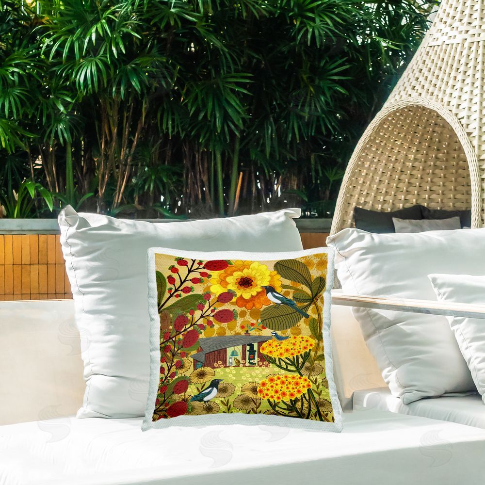 Kay Widdowson Warm Autumnal Cottage Outdoor Quick-Dry Polyester Printed Throw Pillow in Back Yard