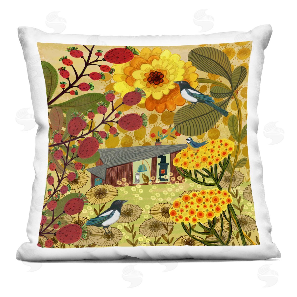 Kay Widdowson Warm Autumnal Cottage Printed Plush Polyester Throw Pillow