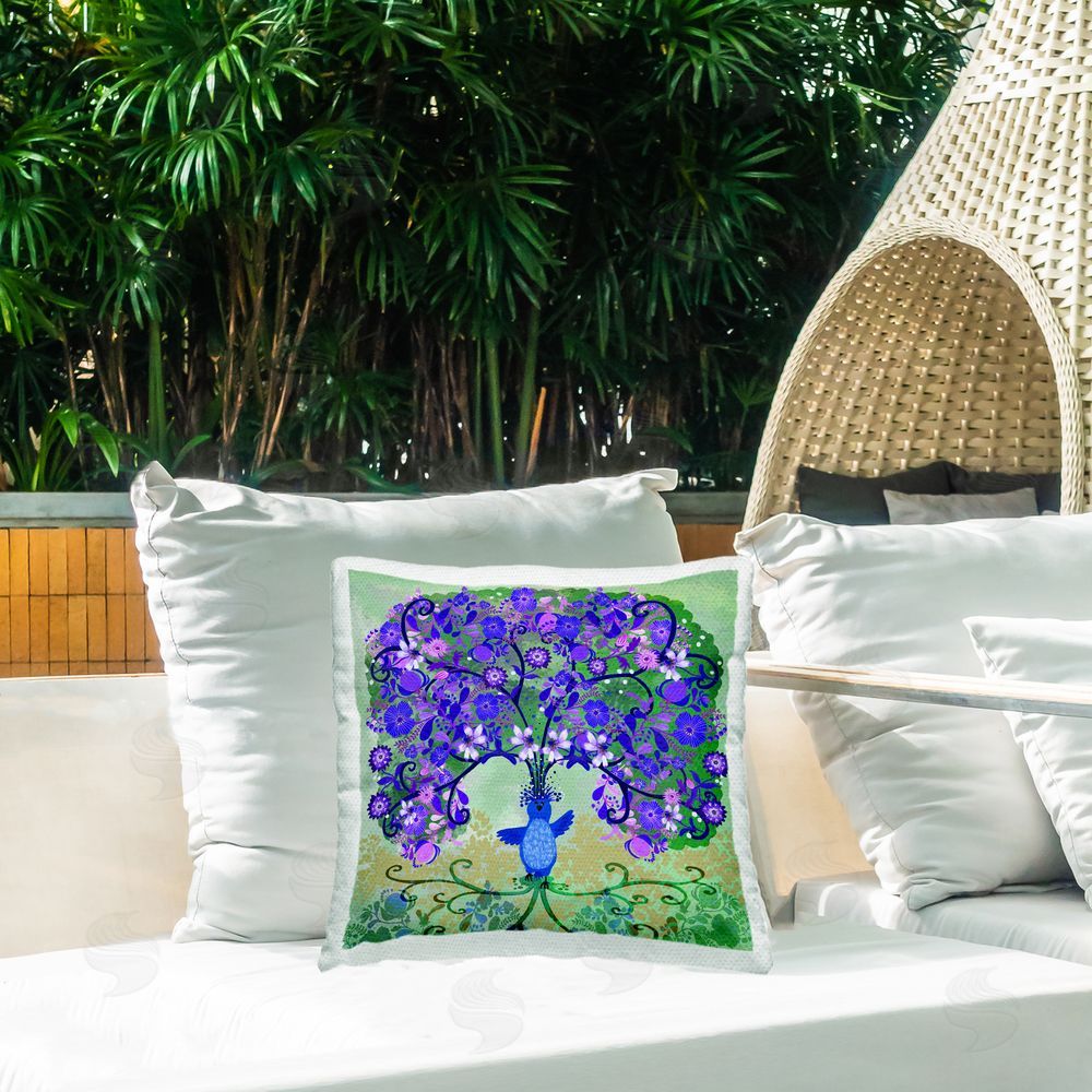 Kay Widdowson Tree Blooming From Bird Outdoor Quick-Dry Polyester Printed Throw Pillow in Back Yard