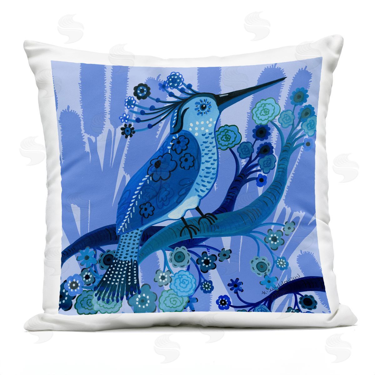 Kay Widdowson Folk Style Blue Bird Outdoor Quick-Dry Polyester Printed Throw Pillow