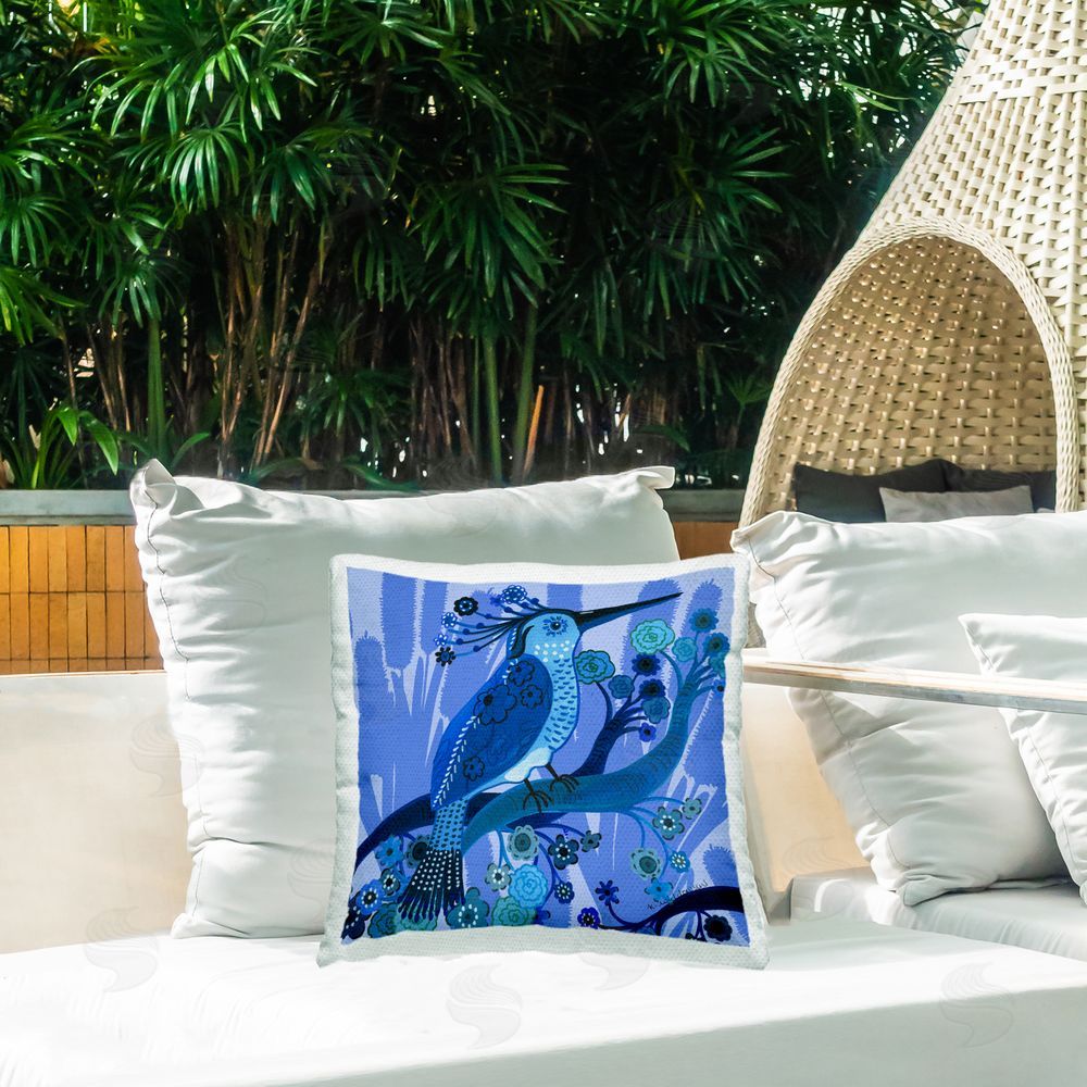 Kay Widdowson Folk Style Blue Bird Outdoor Quick-Dry Polyester Printed Throw Pillow in Back Yard