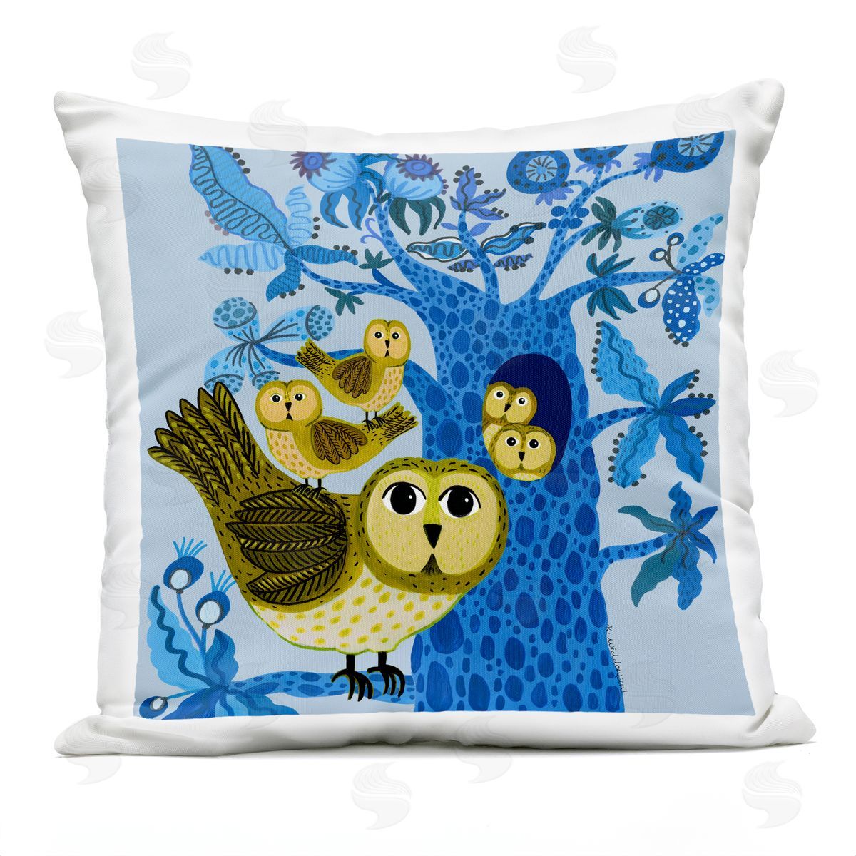 Kay Widdowson Playful Owls in Tree Outdoor Quick-Dry Polyester Printed Throw Pillow