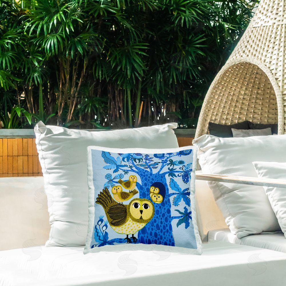 Kay Widdowson Playful Owls in Tree Outdoor Quick-Dry Polyester Printed Throw Pillow in Back Yard