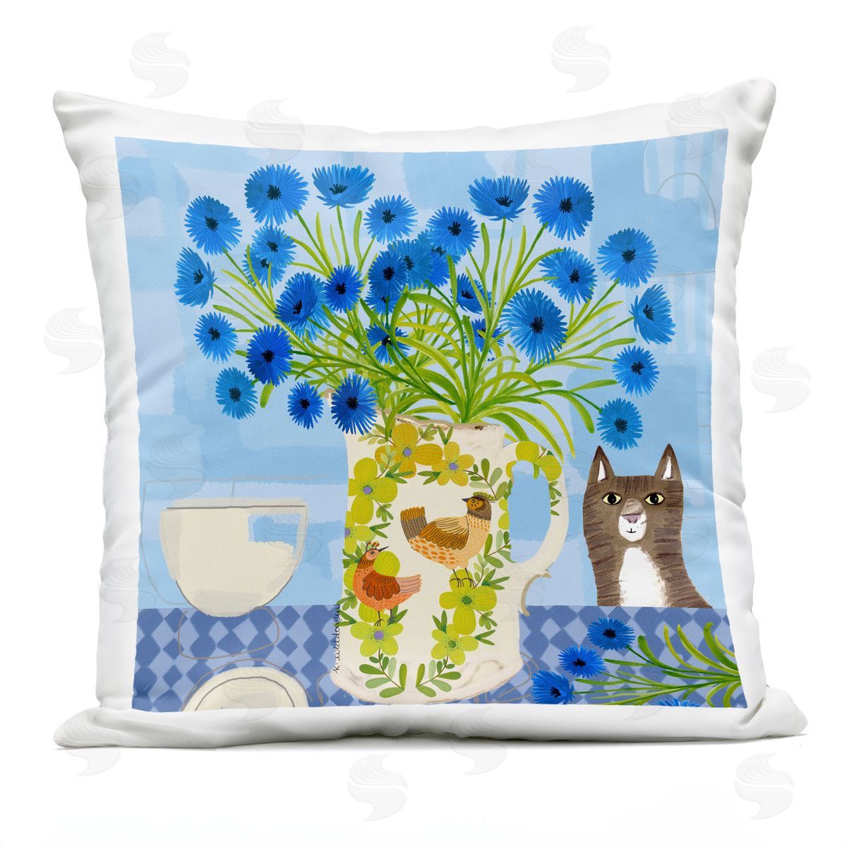 Kay Widdowson Whimsical Jug of Cornflowers Outdoor Quick-Dry Polyester Printed Throw Pillow