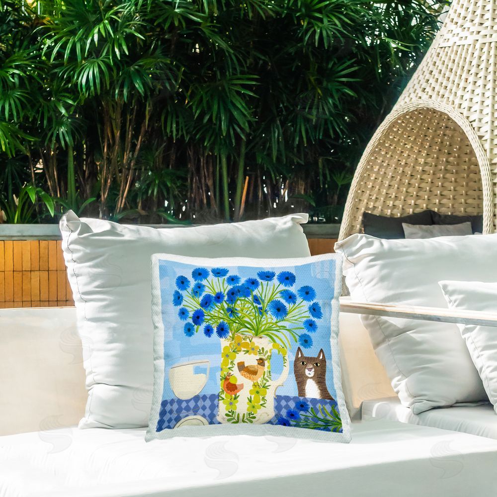 Kay Widdowson Whimsical Jug of Cornflowers Outdoor Quick-Dry Polyester Printed Throw Pillow in Back Yard