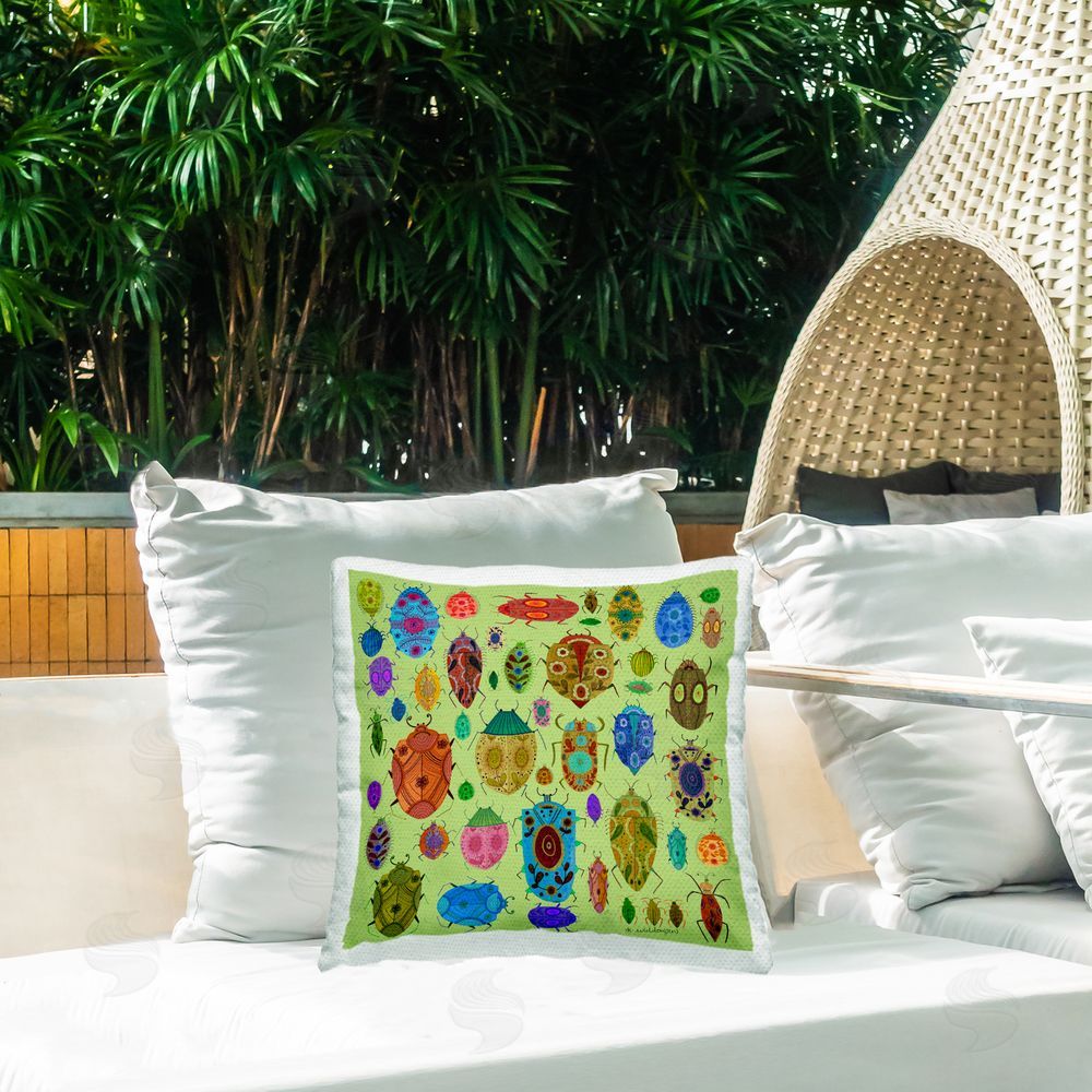 Kay Widdowson Flowery Bugs & Insects Outdoor Quick-Dry Polyester Printed Throw Pillow in Back Yard