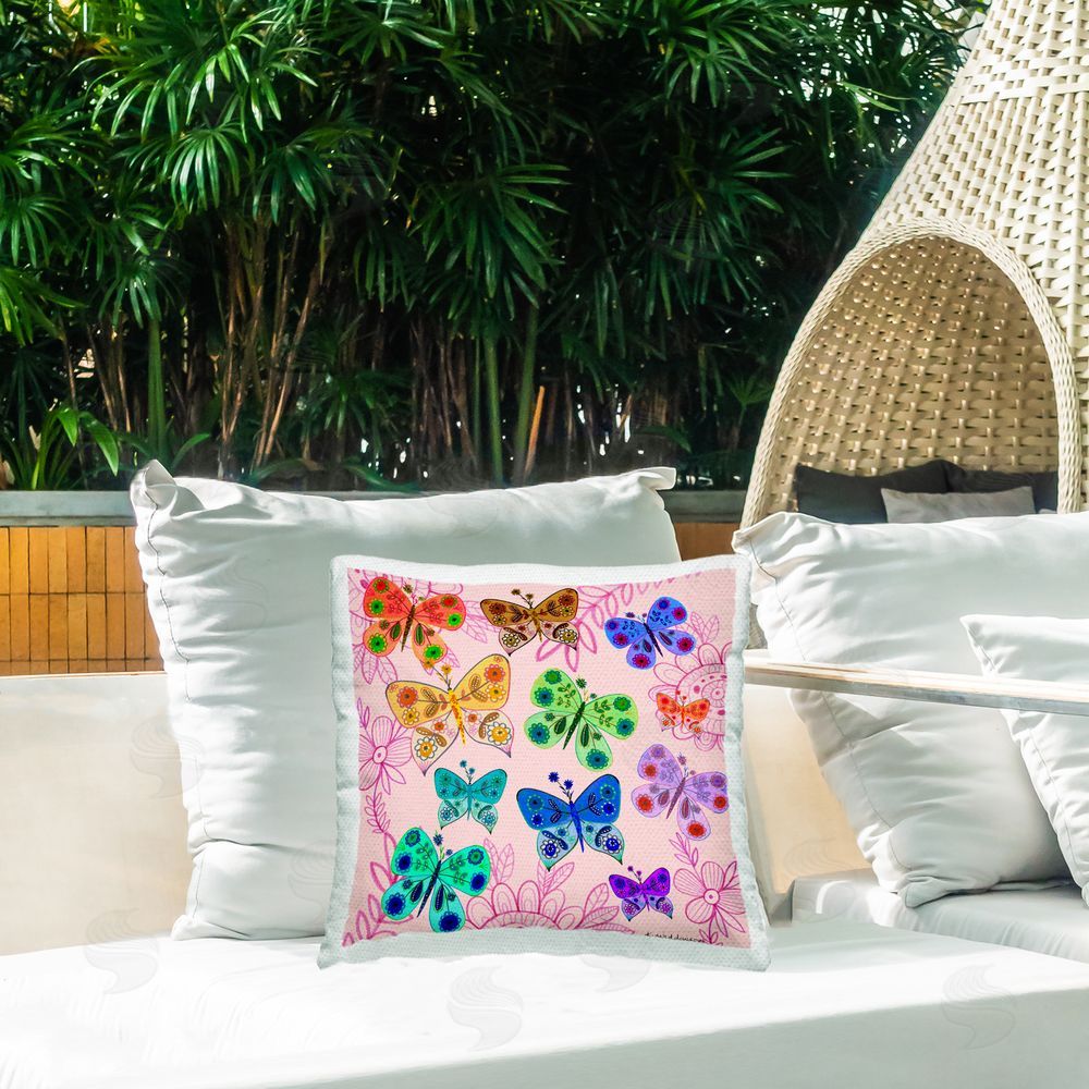 Kay Widdowson Bright Patterned Butterflies Outdoor Quick-Dry Polyester Printed Throw Pillow in Back Yard