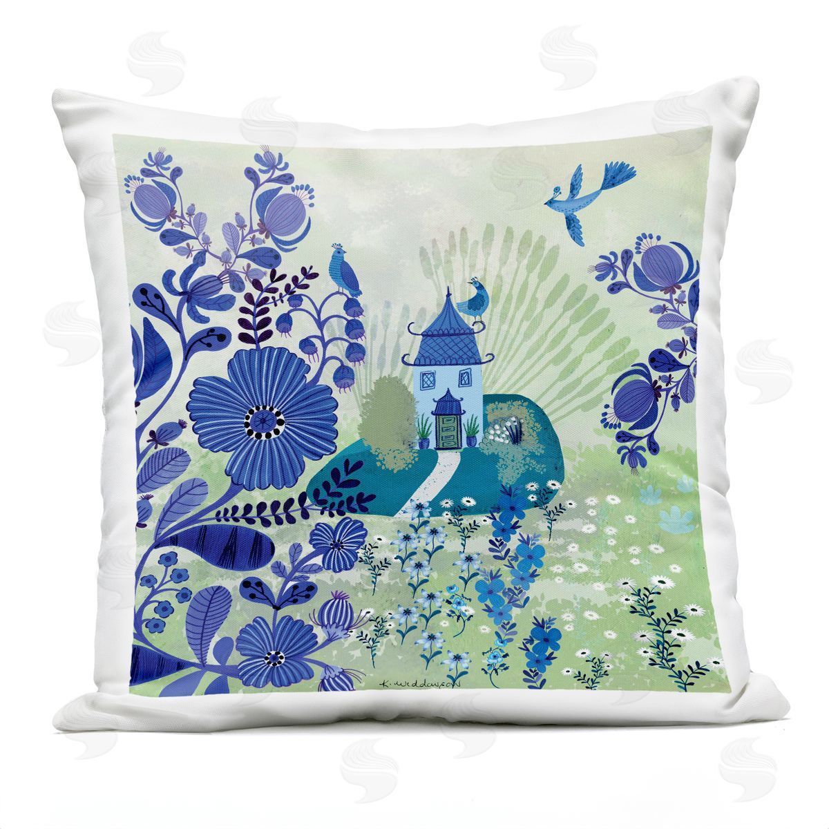 Kay Widdowson Whimsical Blue Garden Outdoor Quick-Dry Polyester Printed Throw Pillow