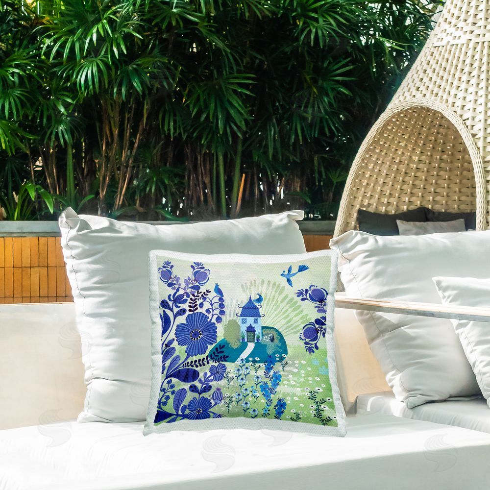 Kay Widdowson Whimsical Blue Garden Outdoor Quick-Dry Polyester Printed Throw Pillow in Back Yard